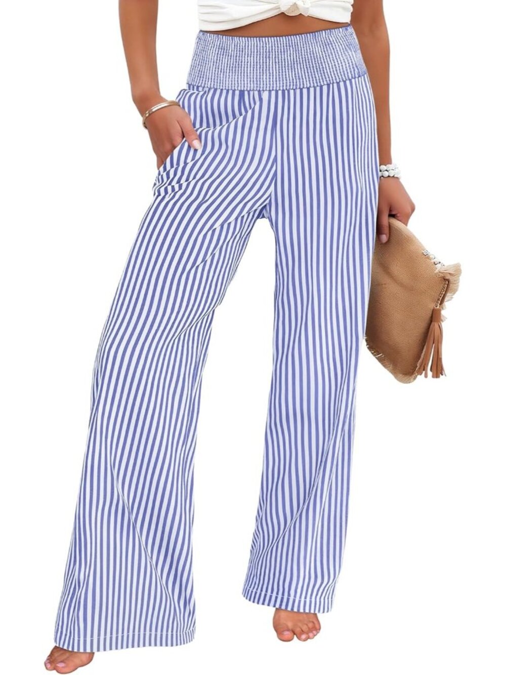 Women's Blue White Stripe Striped Casual Wide Leg High Waisted Palazzo Pants